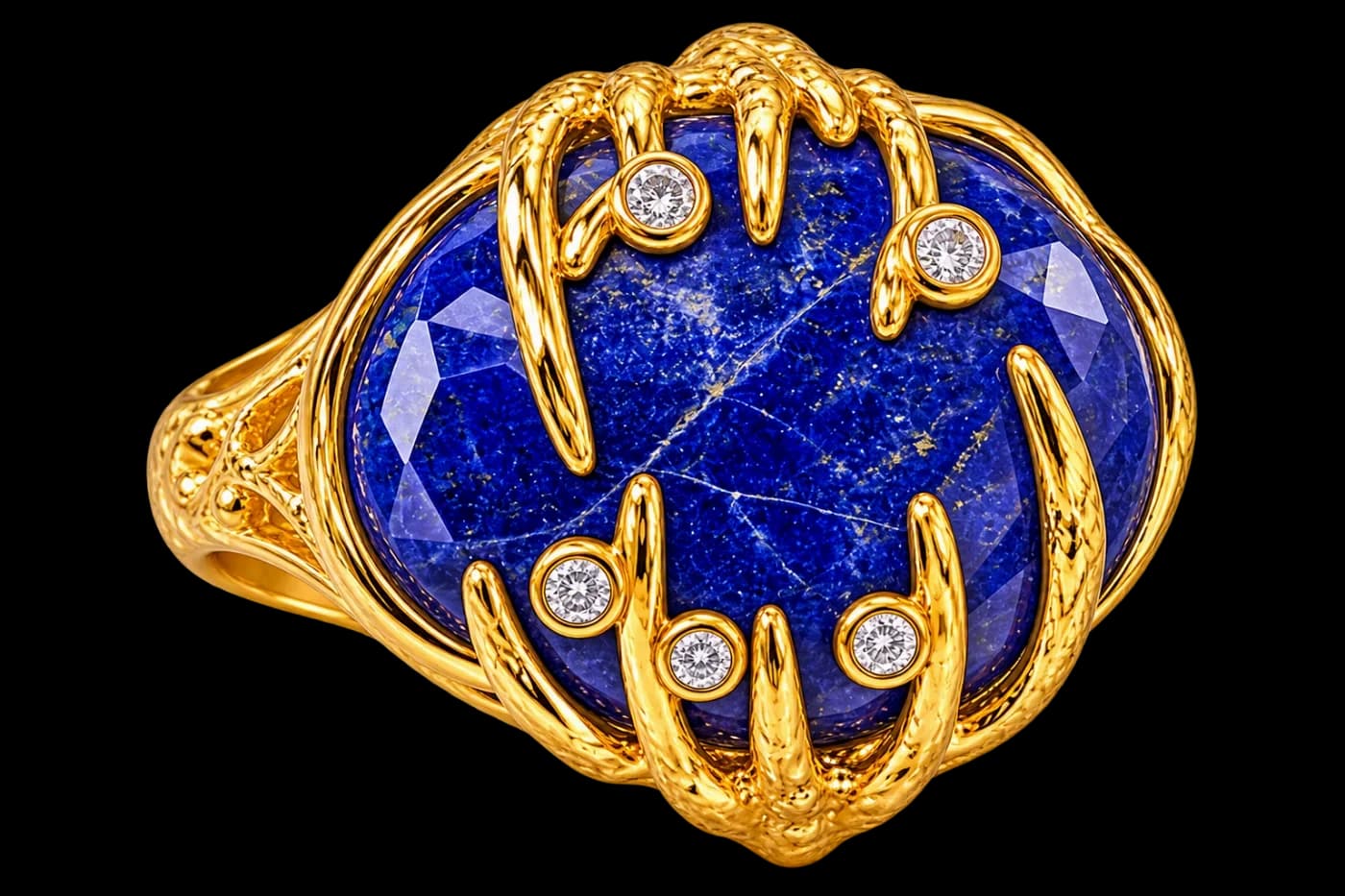 Anillo de Lapislázuli Azul con Garras Orgánicas Doradas y Circones